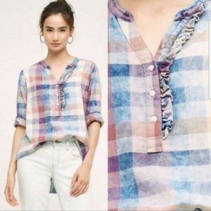 Isabella Sinclair Anthropologie Plaid Pink Ruffle Trim Small 100% Cotton